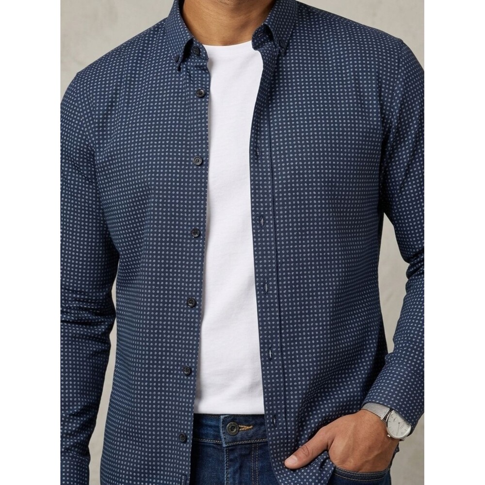 NWT Ben Sherman Men’s Slim Fit Stretch Paisley Button Down Shirt Navy L - Picture 2 of 9